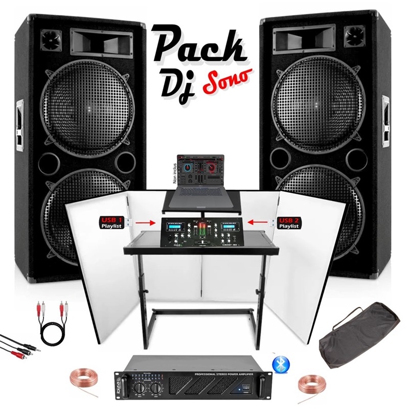 Pack Sono 6000W TOTAL - 4 Enceintes + 2 Ampli Sono + Mixage - Pack